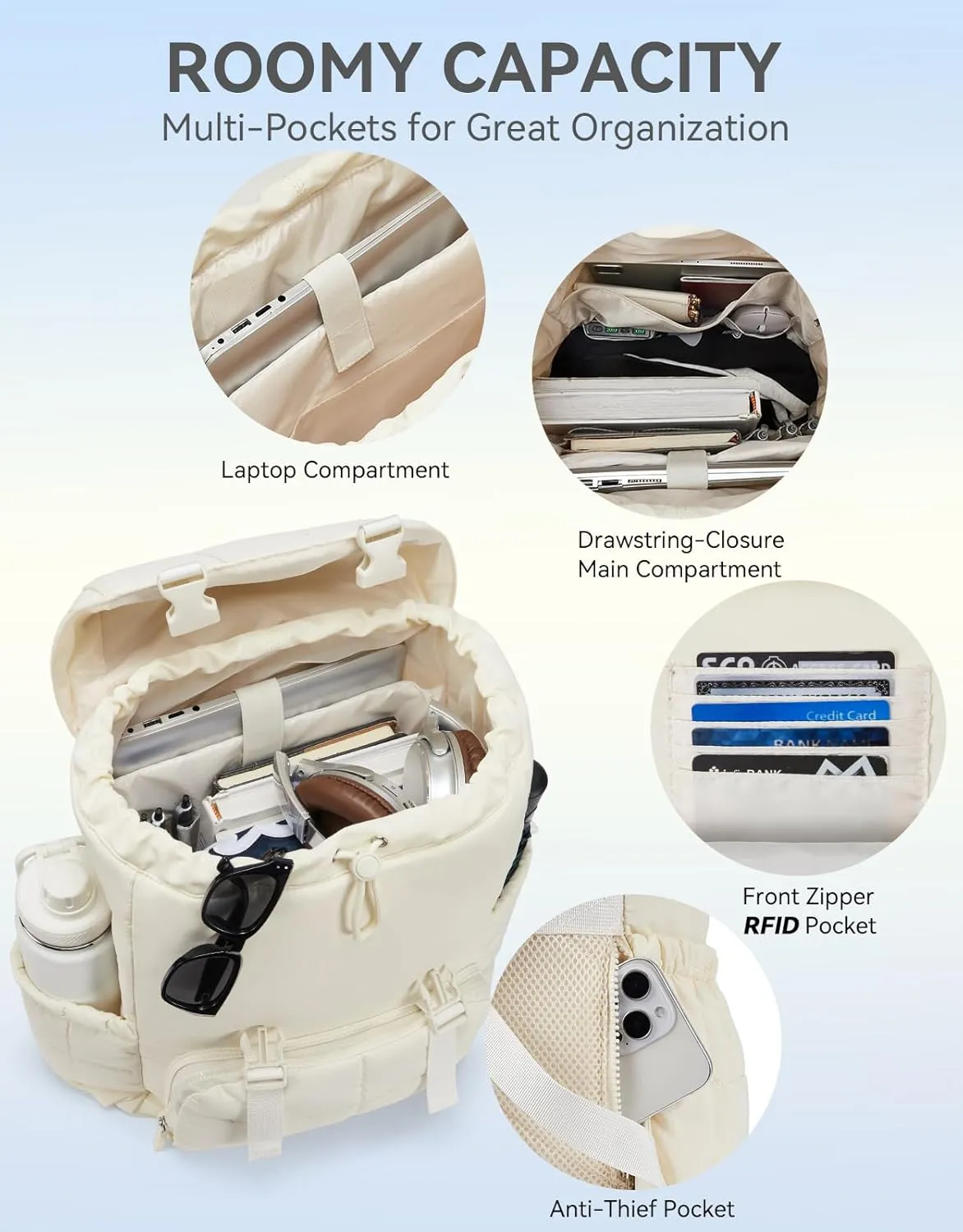 BOSTANTEN Puffer Backpack for Women, 15.6 Inch College Laptop Backpack with RFID Pocket, Water Resistant Casual Travel Daypack, Beige