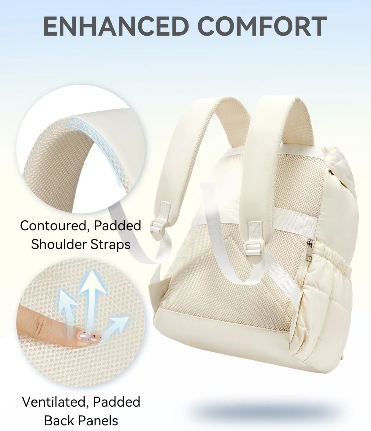 BOSTANTEN Puffer Backpack for Women, 15.6 Inch College Laptop Backpack with RFID Pocket, Water Resistant Casual Travel Daypack, Beige