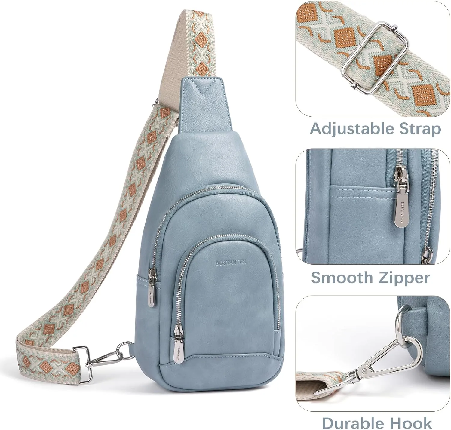BOSTANTEN Sling Bag for Women Crossbody Purse Crossbody Bag Leather Chest Bag with Adjustable Guitar Strap for Travel