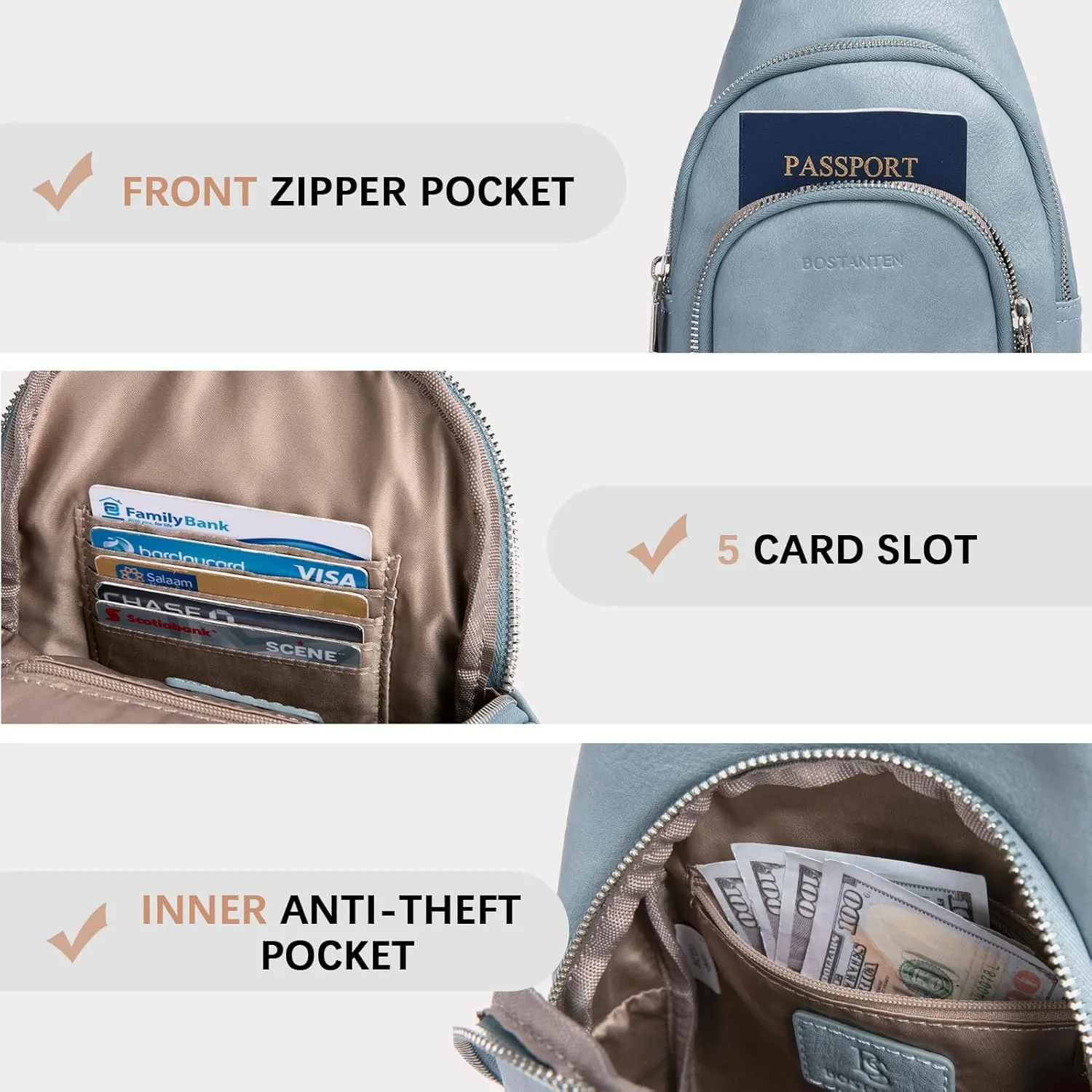 BOSTANTEN Sling Bag for Women Crossbody Purse Crossbody Bag Leather Chest Bag with Adjustable Guitar Strap for Travel