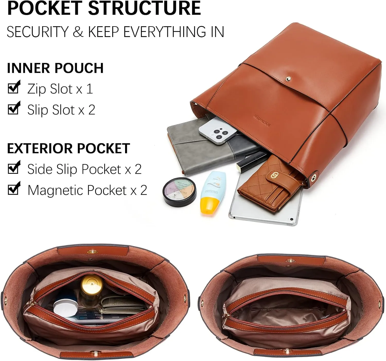 BOSTANTEN Women's Leather Designer Handbags Tote Purses Shoulder Bucket Bags