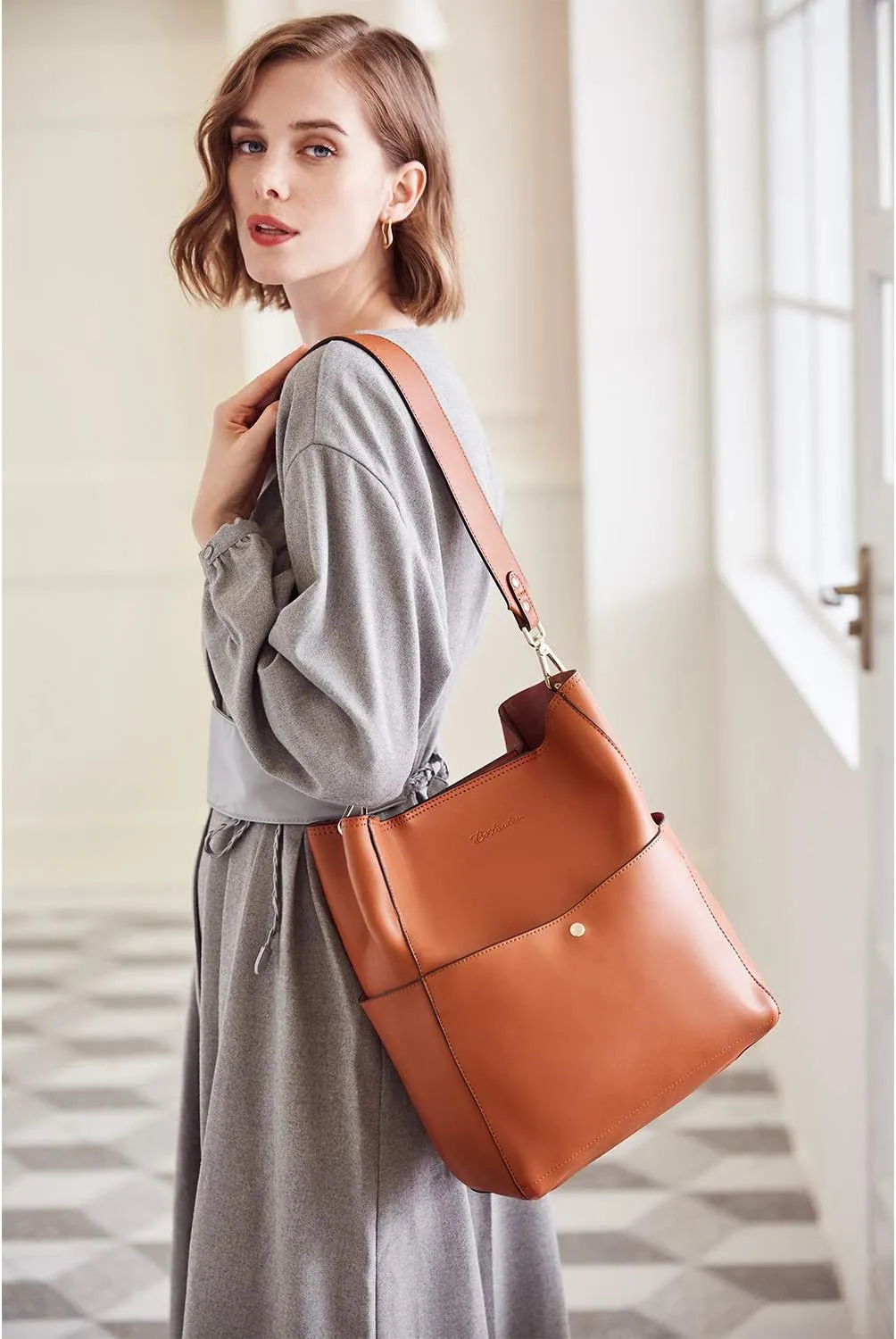BOSTANTEN Women's Leather Designer Handbags Tote Purses Shoulder Bucket Bags