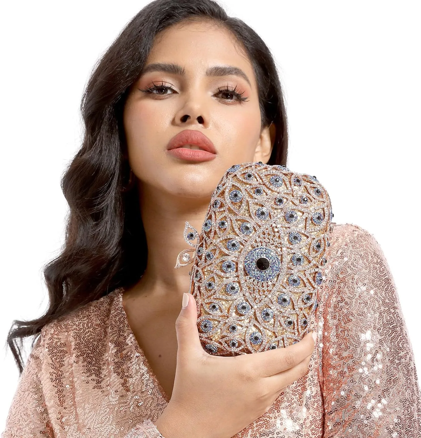 Boutique De FGG Evil Eye Clutch Purse for Women Glitter Evening Bags Crystal Clutch Party Dinner Rhinestone Handbag,Mini