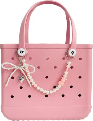 Bow Tie Charm for Bogg Bag, Pearls Chain Accessories, Purse Strap Extender, Purse Chains For Women Rubber Beach Bag Tote Handbag Crossbody Shoulder Decoration, With Metal Buckle（Pink）