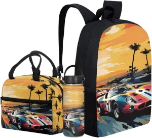 Boys Car Backpack 3-Pcs Set for 1St 2Nd Kids Lightweight School Bag for Elementary Children Bookbag with Lunch Box for Child 17 Inch Book Bags with Water Bottle