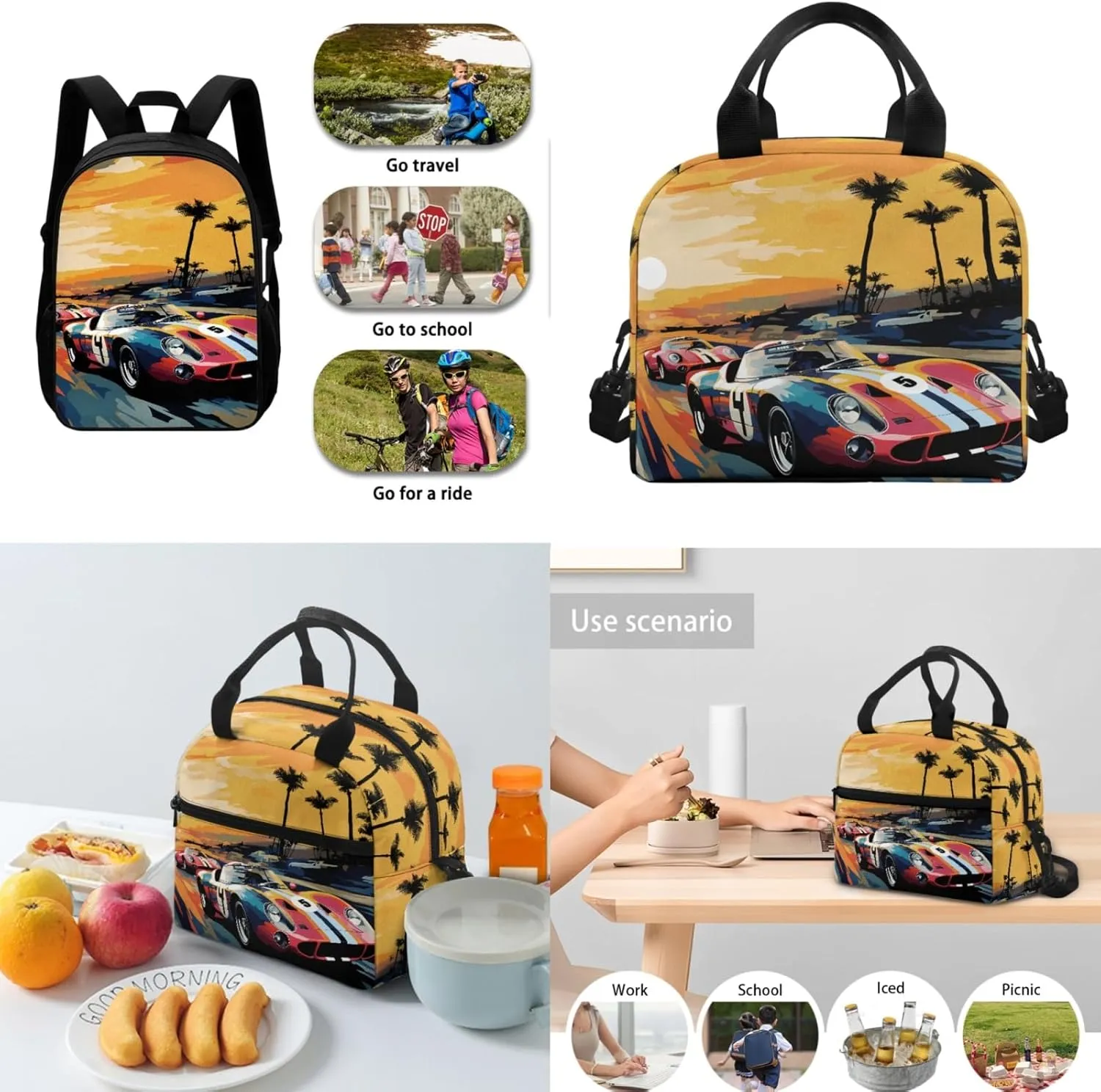 Boys Car Backpack 3-Pcs Set for 1St 2Nd Kids Lightweight School Bag for Elementary Children Bookbag with Lunch Box for Child 17 Inch Book Bags with Water Bottle