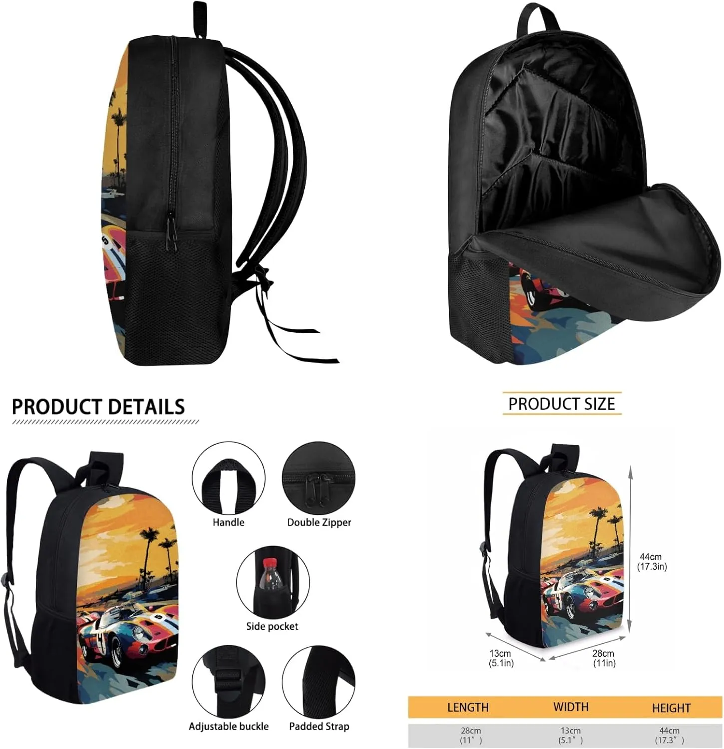 Boys Car Backpack 3-Pcs Set for 1St 2Nd Kids Lightweight School Bag for Elementary Children Bookbag with Lunch Box for Child 17 Inch Book Bags with Water Bottle