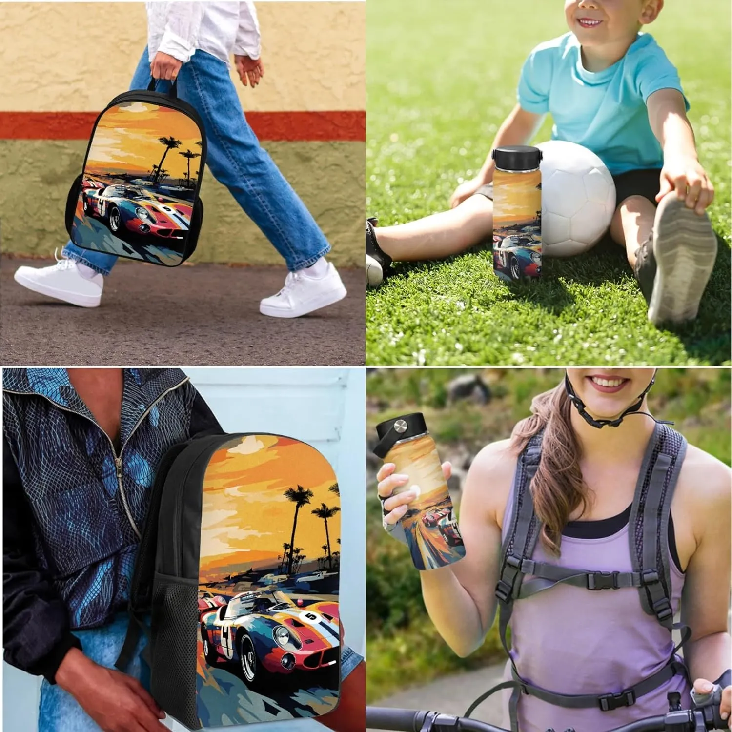 Boys Car Backpack 3-Pcs Set for 1St 2Nd Kids Lightweight School Bag for Elementary Children Bookbag with Lunch Box for Child 17 Inch Book Bags with Water Bottle