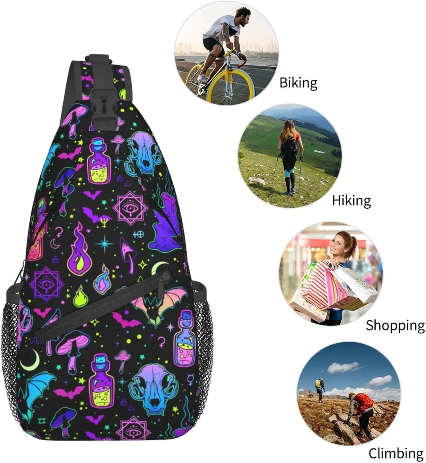 Bright Witchy Elements Crossbody Sling Bag For Women Men Cute Halloween Chest Bag Shoulder Bag Sling Backpack Casual Sport Daypack For Travel Hiking