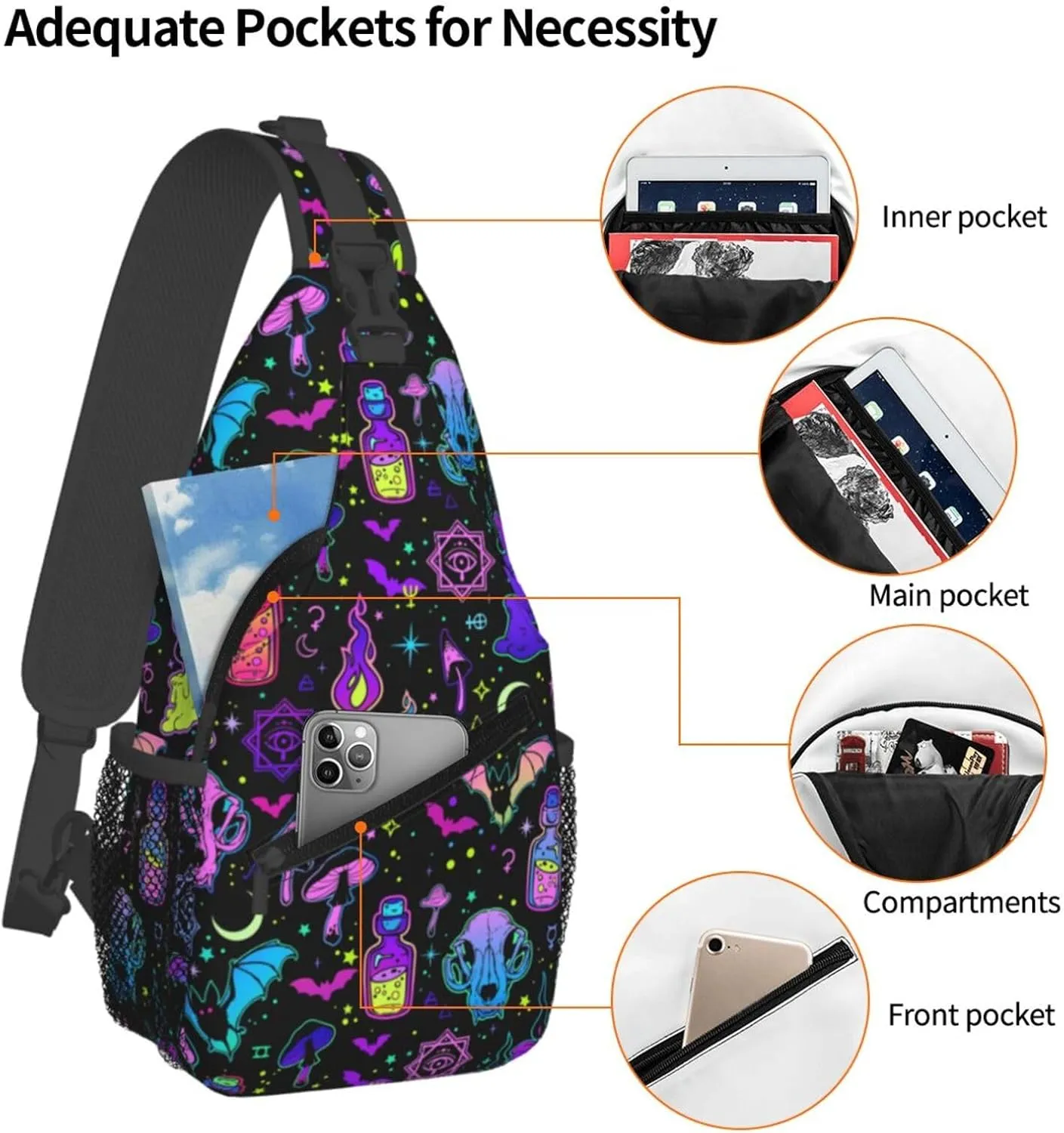 Bright Witchy Elements Crossbody Sling Bag For Women Men Cute Halloween Chest Bag Shoulder Bag Sling Backpack Casual Sport Daypack For Travel Hiking