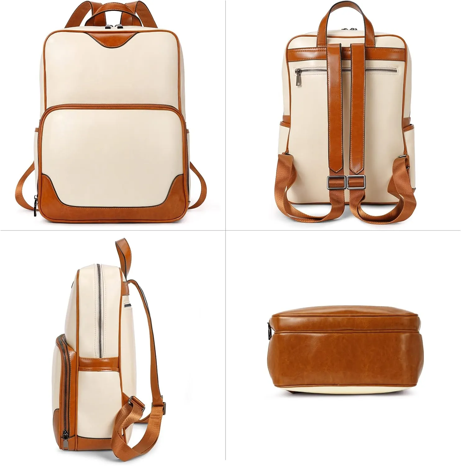 BROMEN Laptop Backpack for Women Leather 15.6 inch Computer Large Capacity Business Travel Daypack Bag Beige with Brown