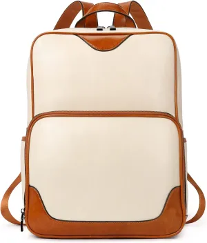 BROMEN Laptop Backpack for Women Leather 15.6 inch Computer Large Capacity Business Travel Daypack Bag Beige with Brown