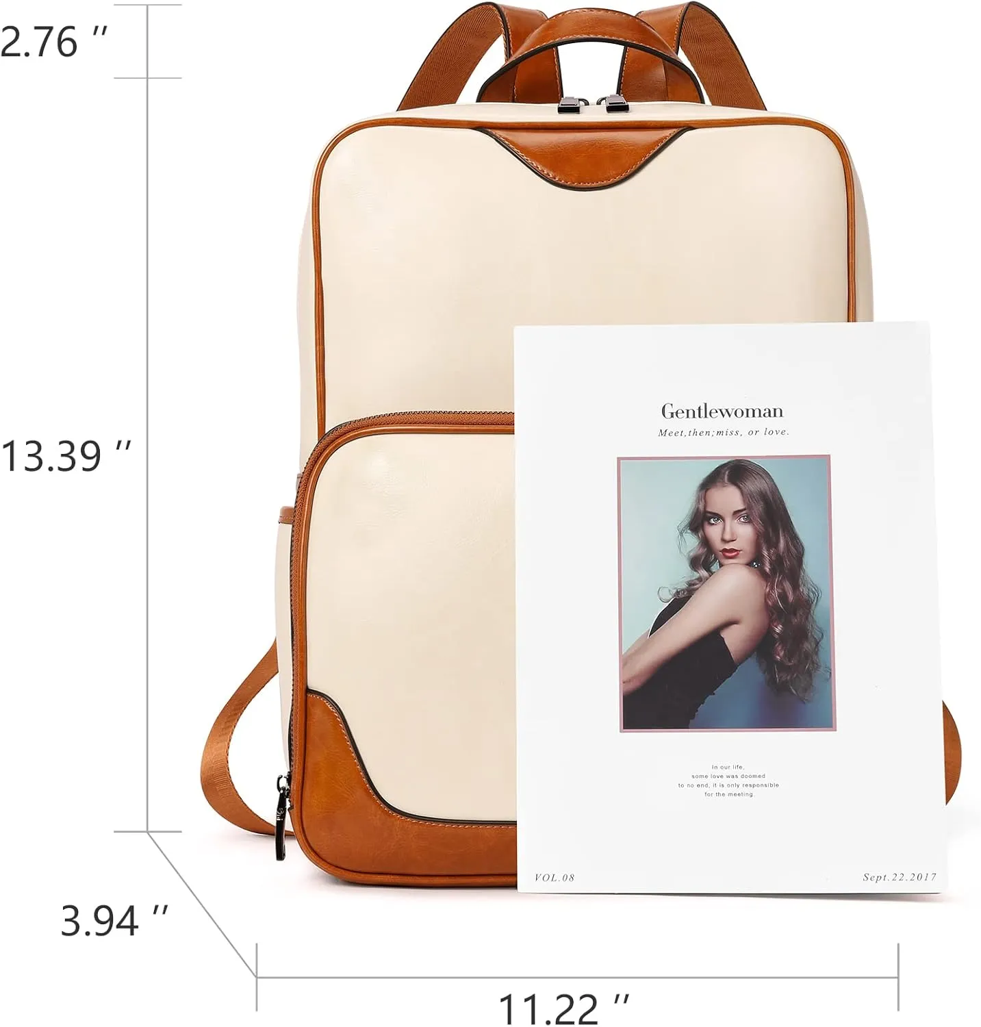 BROMEN Laptop Backpack for Women Leather 15.6 inch Computer Large Capacity Business Travel Daypack Bag Beige with Brown