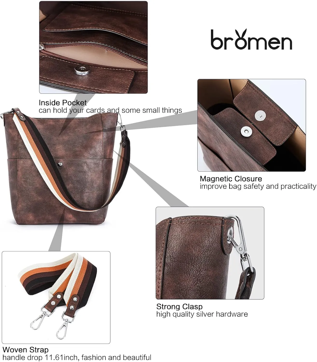BROMEN Women Purses and Handbags Leather Hobo Bags Designer Shoulder Bucket Crossbody Purse