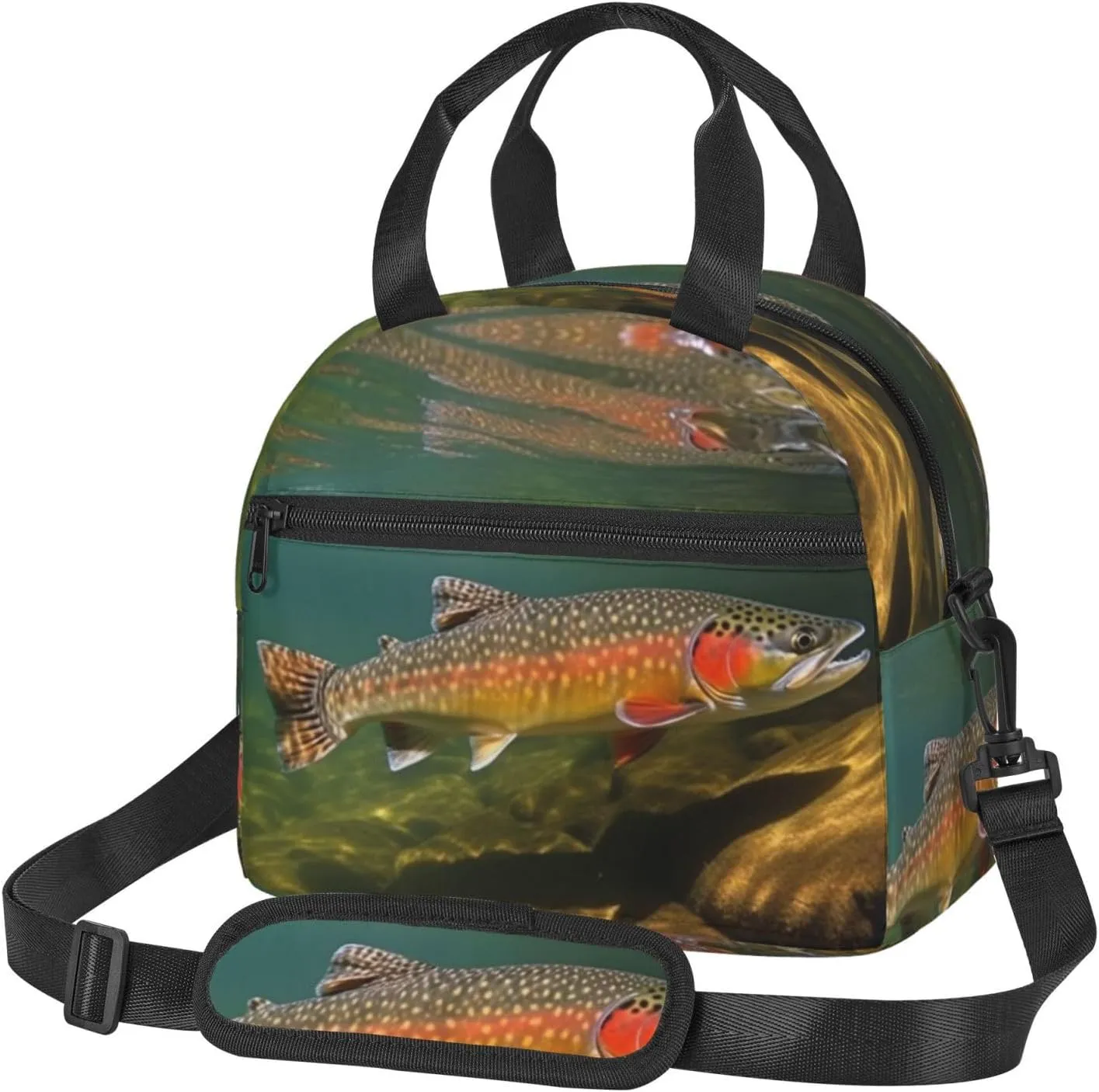 Brook Trout Fly Fishing Print Lunch Bag for Women Men Insulated Lunch Box Reusable Lunch Tote Bags with Adjustable Shoulder Strap Large Capacity Lunch Container Bag for Work, Travel, Outdoor