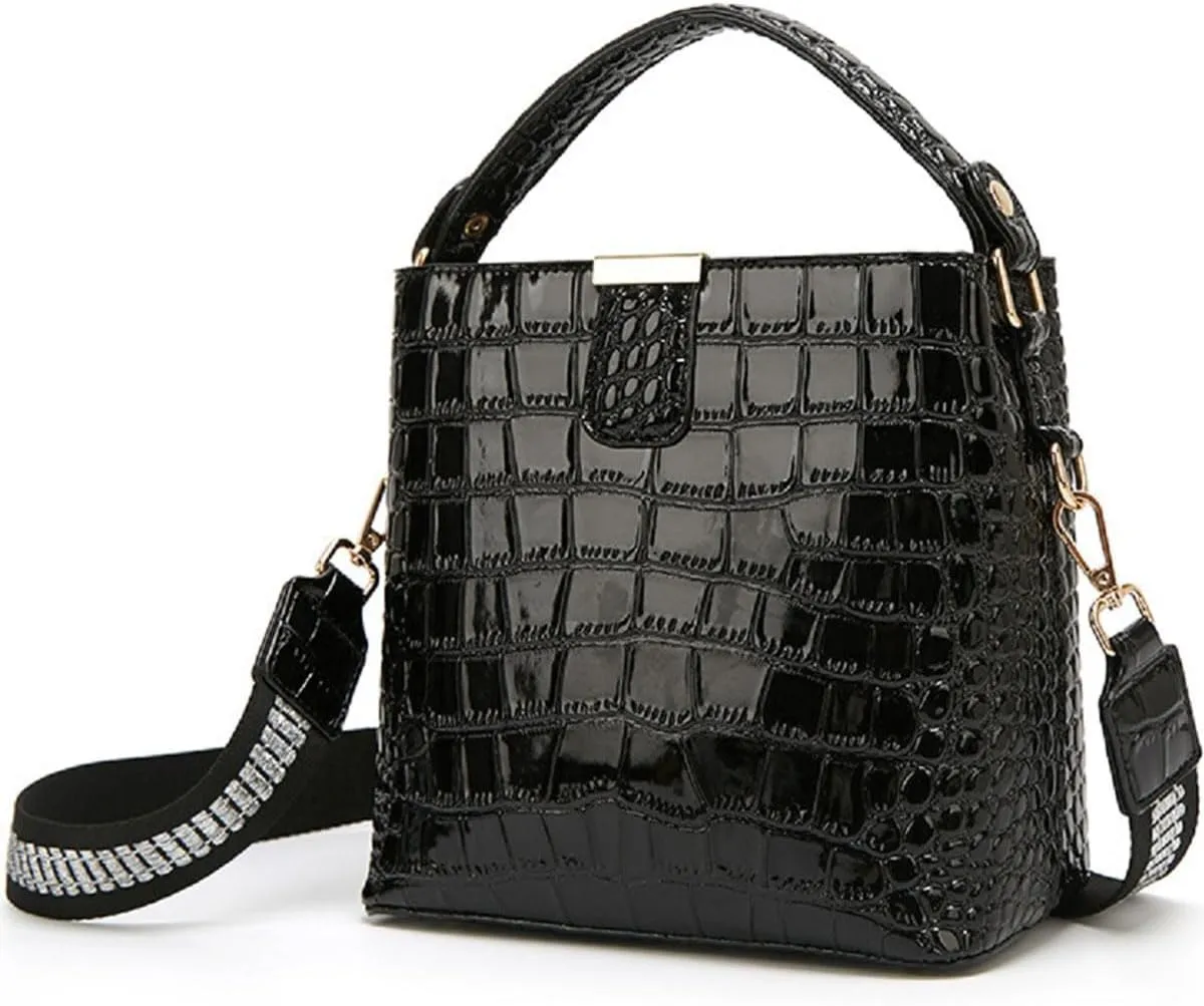 Bucket Bag and Purse For Women Shiny Patent Leather Hobo Bag and Zipper Shoulder Handbag Top Handle Satchel