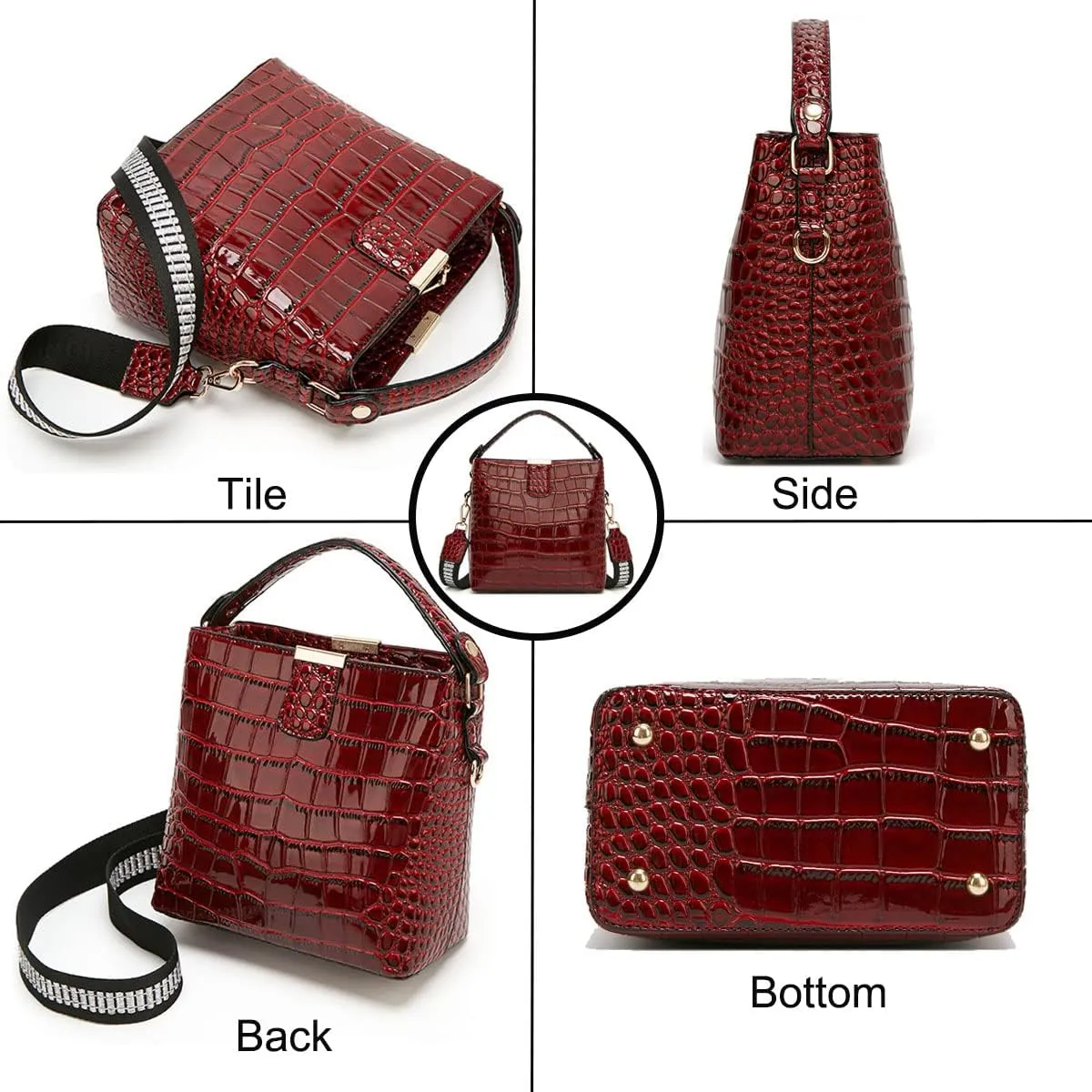 Bucket Bag and Purse For Women Shiny Patent Leather Hobo Bag and Zipper Shoulder Handbag Top Handle Satchel