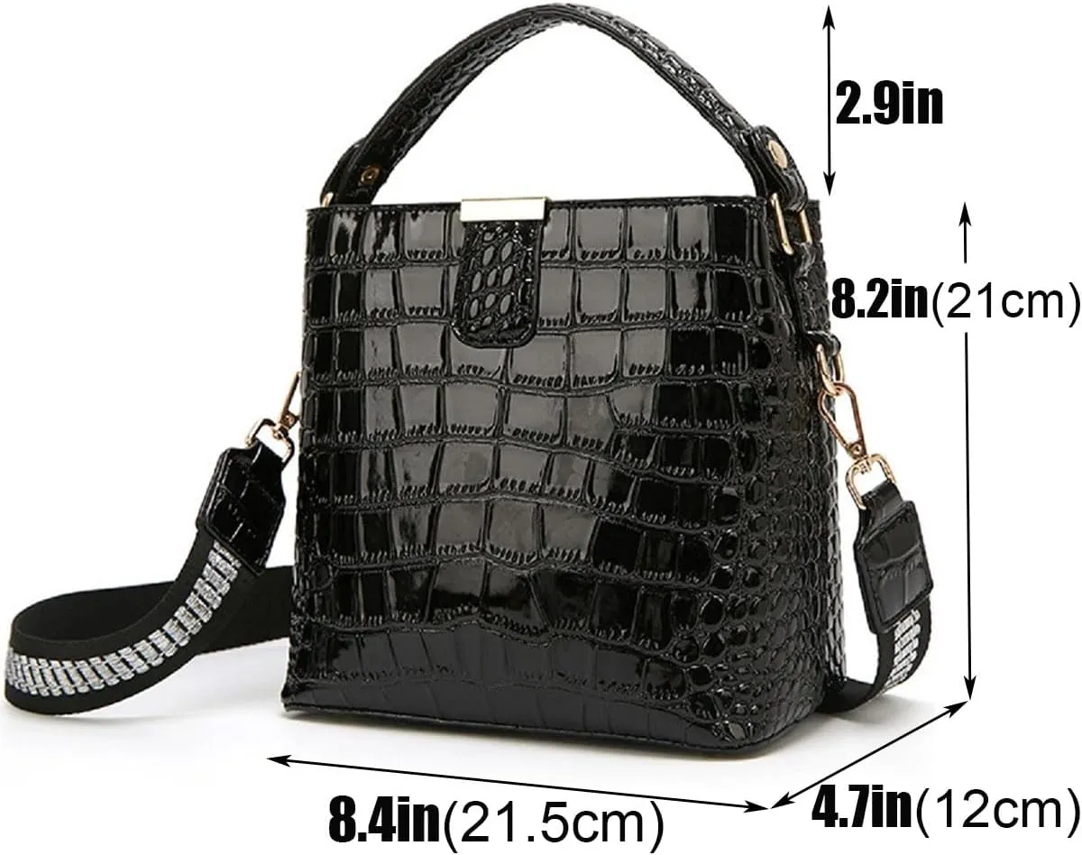 Bucket Bag and Purse For Women Shiny Patent Leather Hobo Bag and Zipper Shoulder Handbag Top Handle Satchel