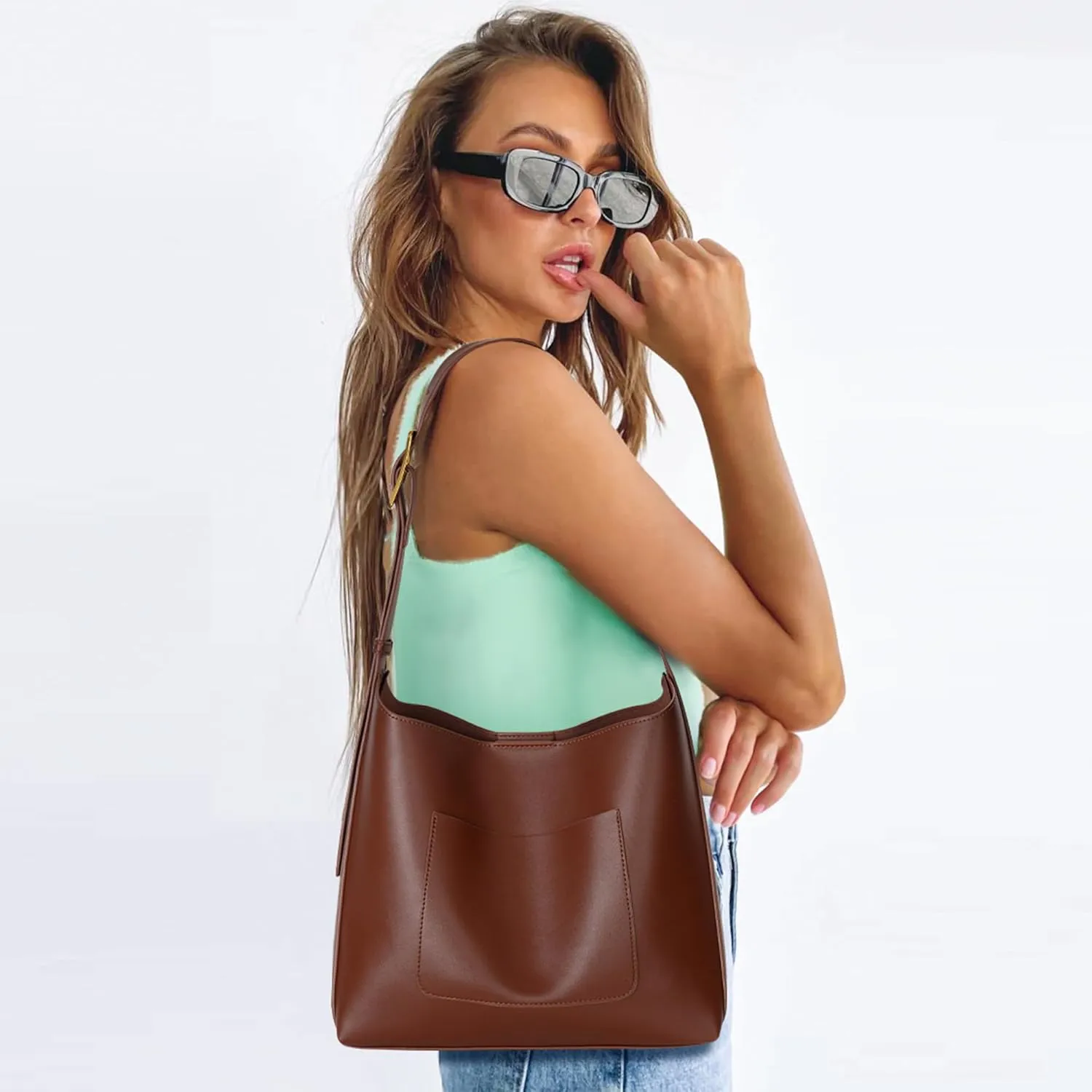 Bucket Bag Tote Purse for Women Vegan Leather Shoulder Bag Trendy Hobo Purse and Handbags with Adjustable Strap
