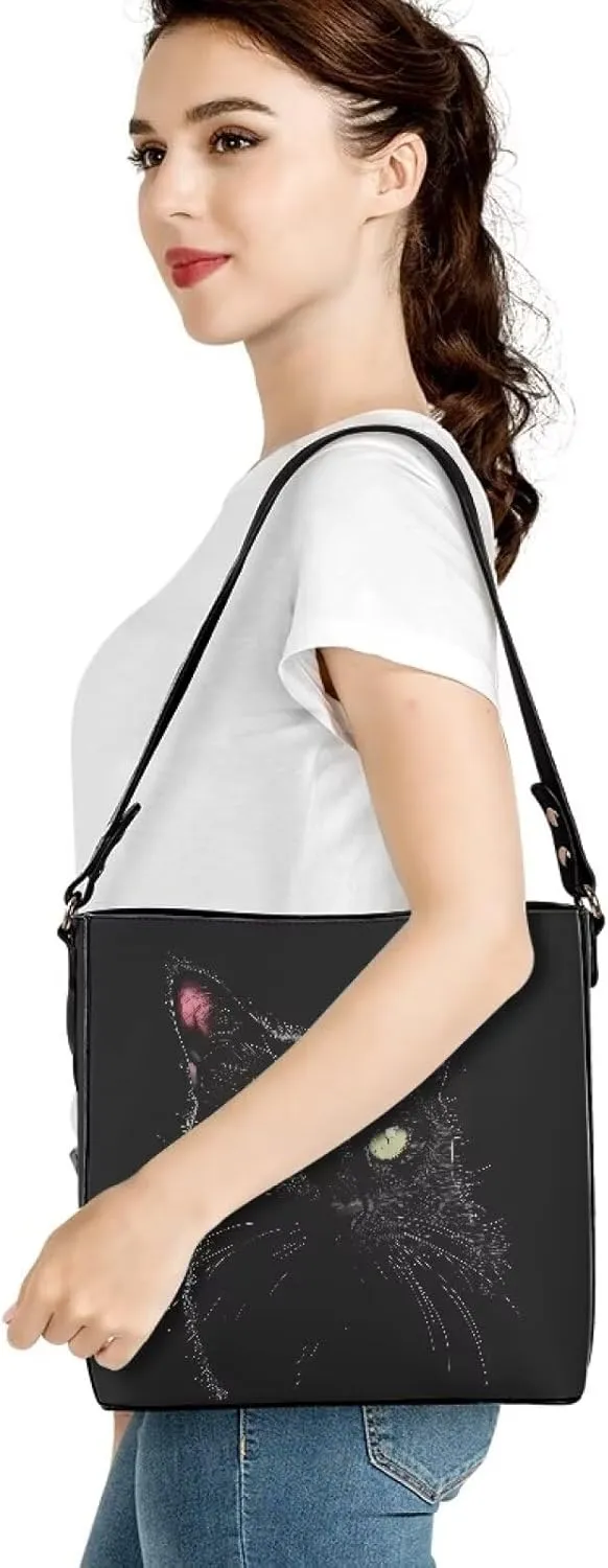 Bucket Bags Purses for Women with Adjustable Strap, Black Cat Print PU Leather Tote Handbags Top Handle Satchel