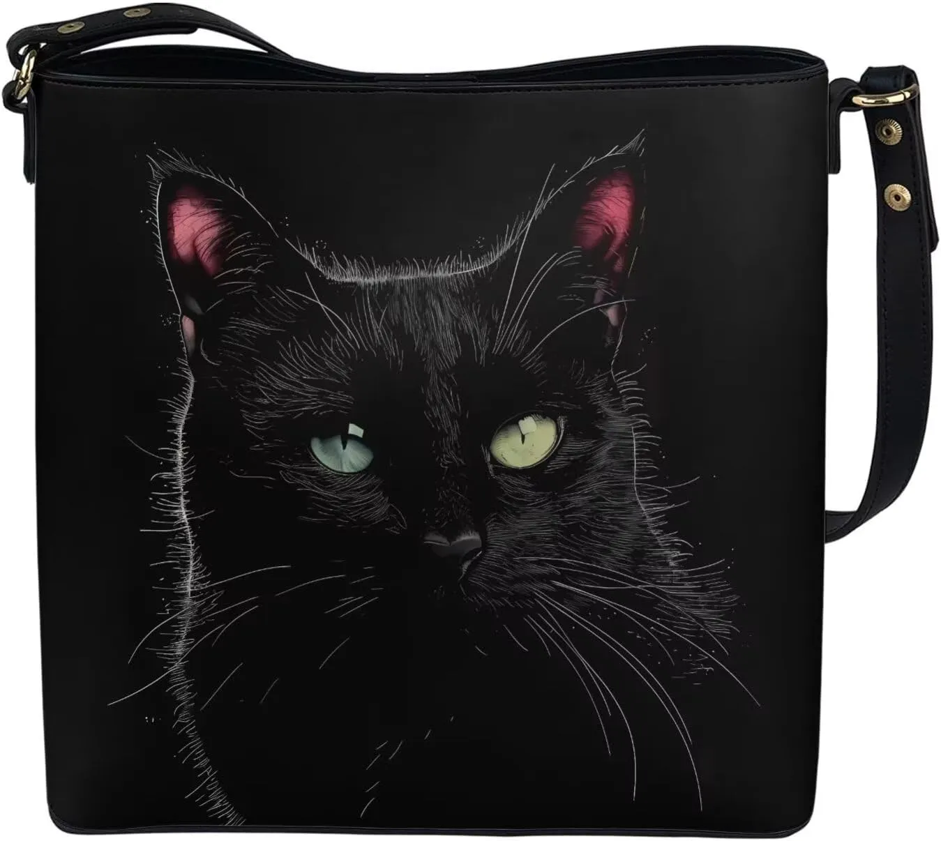 Bucket Bags Purses for Women with Adjustable Strap, Black Cat Print PU Leather Tote Handbags Top Handle Satchel