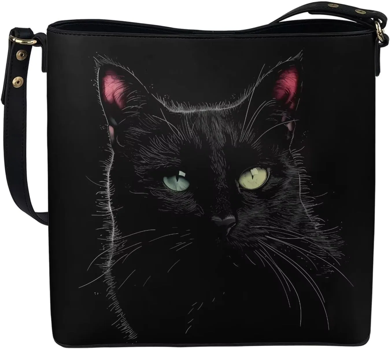 Bucket Bags Purses for Women with Adjustable Strap, Black Cat Print PU Leather Tote Handbags Top Handle Satchel