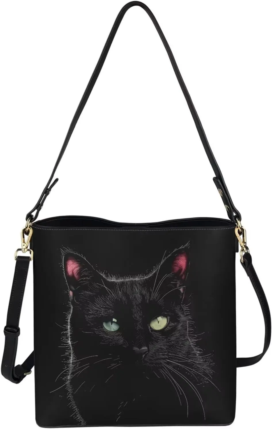 Bucket Bags Purses for Women with Adjustable Strap, Black Cat Print PU Leather Tote Handbags Top Handle Satchel