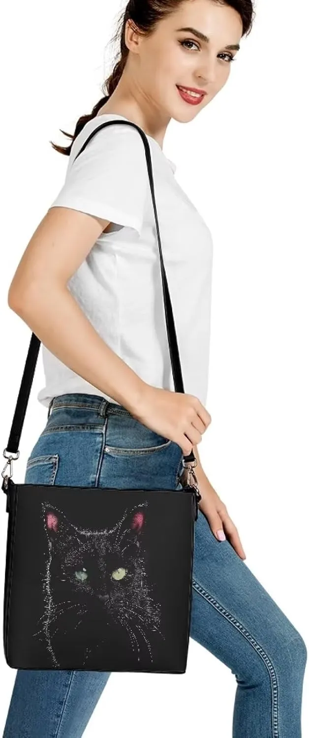 Bucket Bags Purses for Women with Adjustable Strap, Black Cat Print PU Leather Tote Handbags Top Handle Satchel