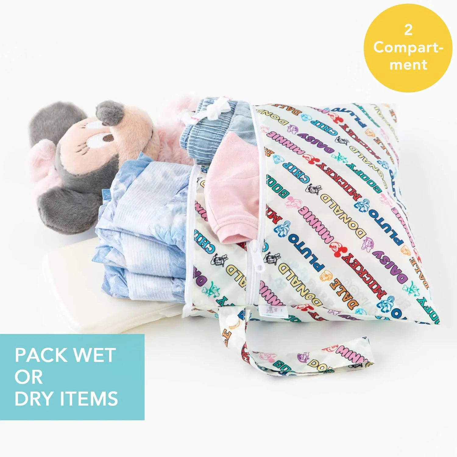 Bumkins Disney Waterproof Wet Bag and Wet Dry Clutch Bags for Baby, Travel, Swim Suit, Cloth Diapers, Pump Parts, Pool, Gym Clothes, Toiletry, Hook to Stroller, Packing, 2-pc Mickey and Friends White
