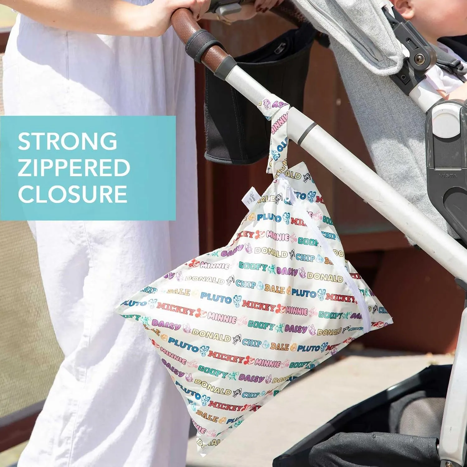 Bumkins Disney Waterproof Wet Bag and Wet Dry Clutch Bags for Baby, Travel, Swim Suit, Cloth Diapers, Pump Parts, Pool, Gym Clothes, Toiletry, Hook to Stroller, Packing, 2-pc Mickey and Friends White