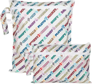 Bumkins Disney Waterproof Wet Bag and Wet Dry Clutch Bags for Baby, Travel, Swim Suit, Cloth Diapers, Pump Parts, Pool, Gym Clothes, Toiletry, Hook to Stroller, Packing, 2-pc Mickey and Friends White