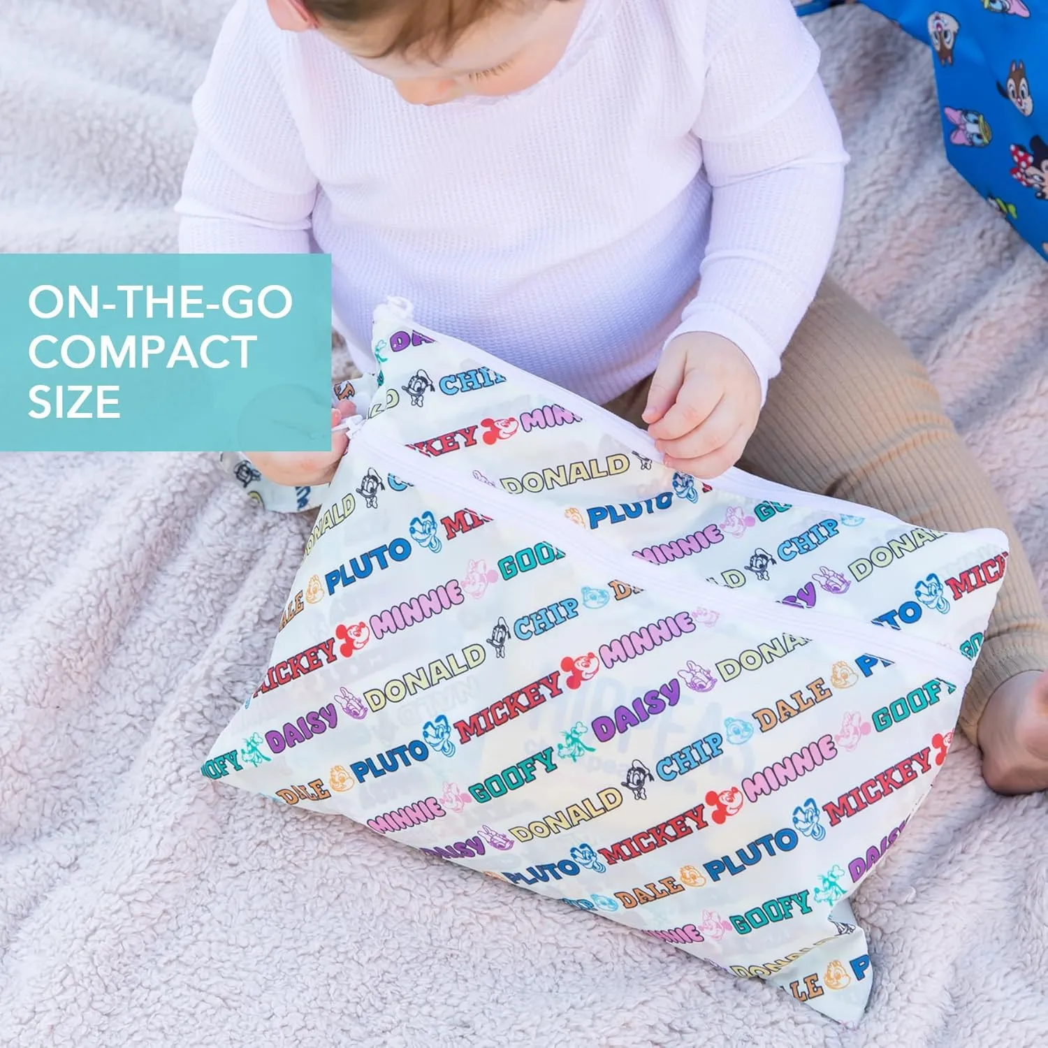 Bumkins Disney Waterproof Wet Bag and Wet Dry Clutch Bags for Baby, Travel, Swim Suit, Cloth Diapers, Pump Parts, Pool, Gym Clothes, Toiletry, Hook to Stroller, Packing, 2-pc Mickey and Friends White
