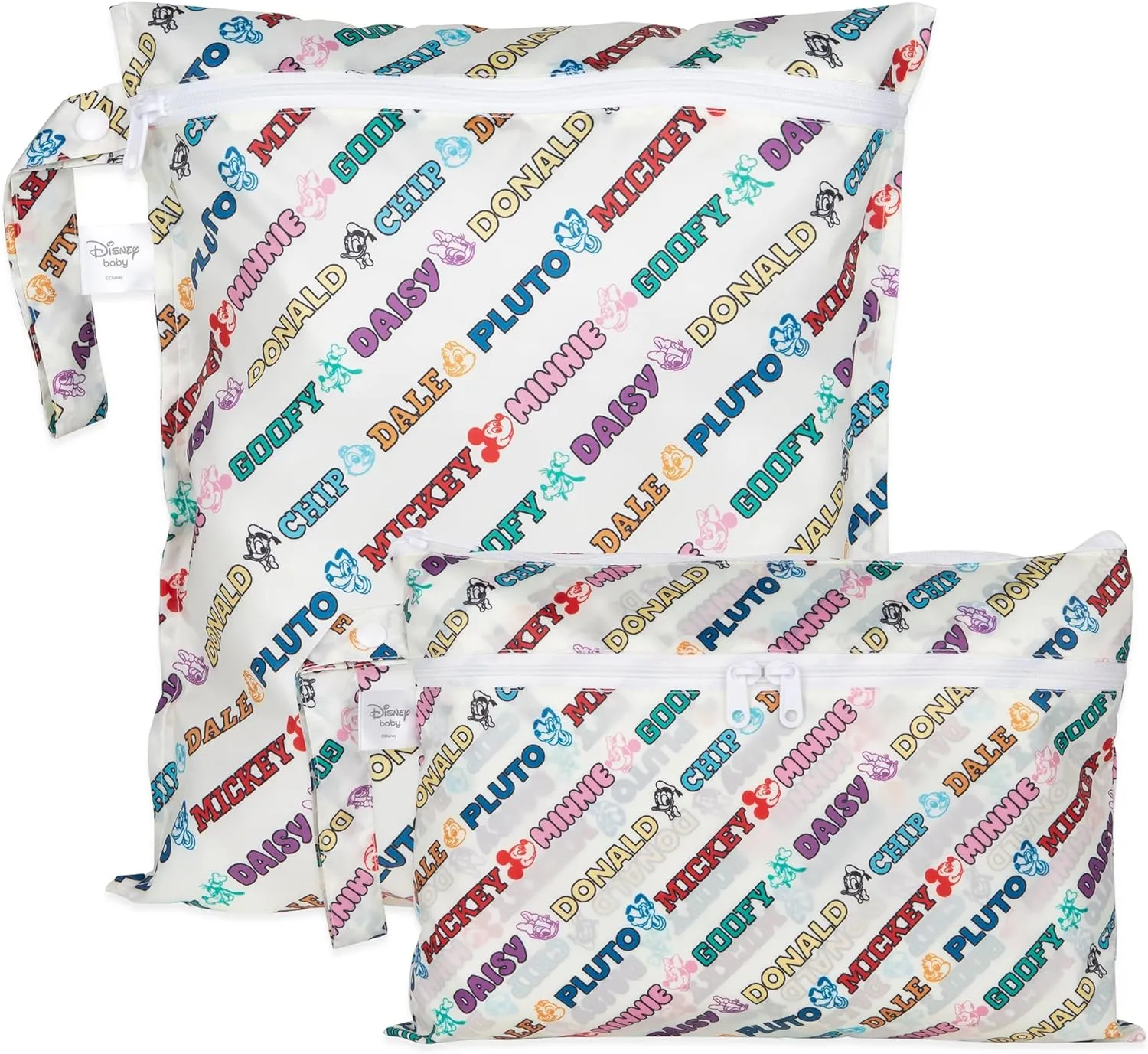Bumkins Disney Waterproof Wet Bag and Wet Dry Clutch Bags for Baby, Travel, Swim Suit, Cloth Diapers, Pump Parts, Pool, Gym Clothes, Toiletry, Hook to Stroller, Packing, 2-pc Mickey and Friends White