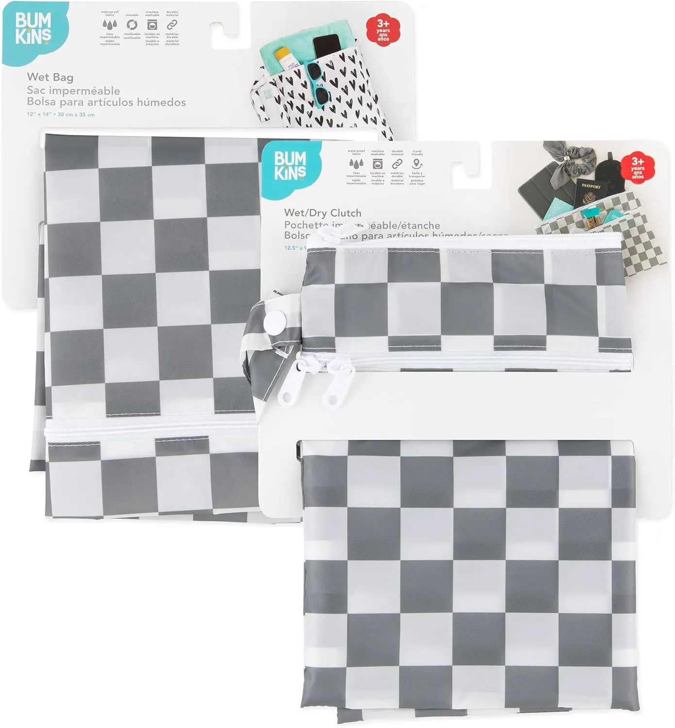 Bumkins Waterproof Wet Bag and Wet Dry Clutch Bags for Baby, Travel, Swim Suit, Cloth Diapers, Pump Parts, Pool, Gym Clothes, Toiletry, Hook to Stroller, Daycare, Packing Pouch, 2-pk Gray Check
