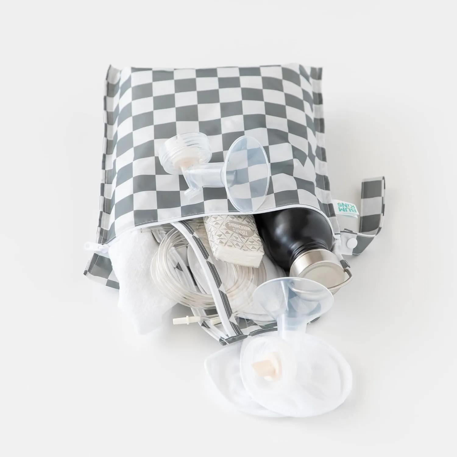 Bumkins Waterproof Wet Bag and Wet Dry Clutch Bags for Baby, Travel, Swim Suit, Cloth Diapers, Pump Parts, Pool, Gym Clothes, Toiletry, Hook to Stroller, Daycare, Packing Pouch, 2-pk Gray Check