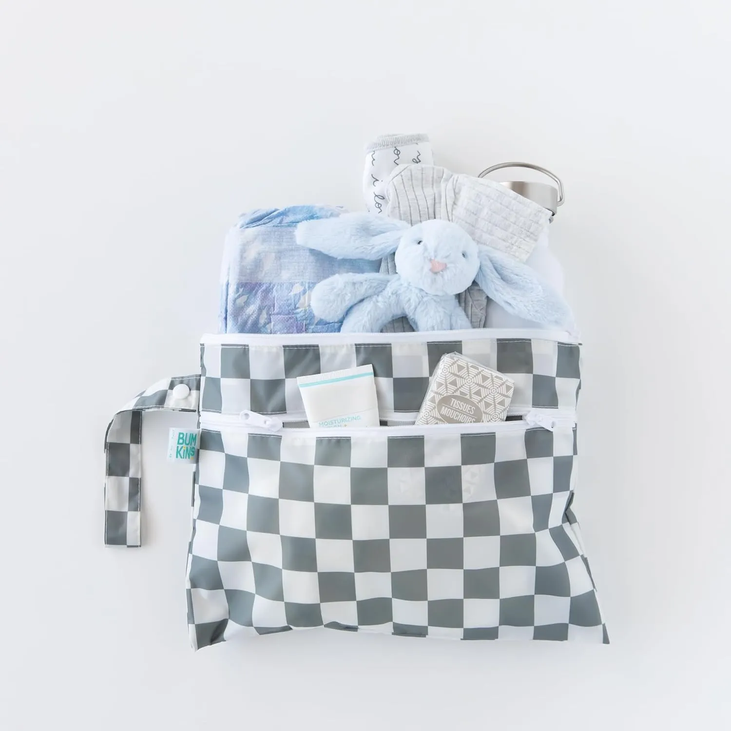 Bumkins Waterproof Wet Bag and Wet Dry Clutch Bags for Baby, Travel, Swim Suit, Cloth Diapers, Pump Parts, Pool, Gym Clothes, Toiletry, Hook to Stroller, Daycare, Packing Pouch, 2-pk Gray Check