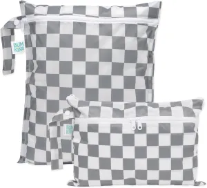 Bumkins Waterproof Wet Bag and Wet Dry Clutch Bags for Baby, Travel, Swim Suit, Cloth Diapers, Pump Parts, Pool, Gym Clothes, Toiletry, Hook to Stroller, Daycare, Packing Pouch, 2-pk Gray Check