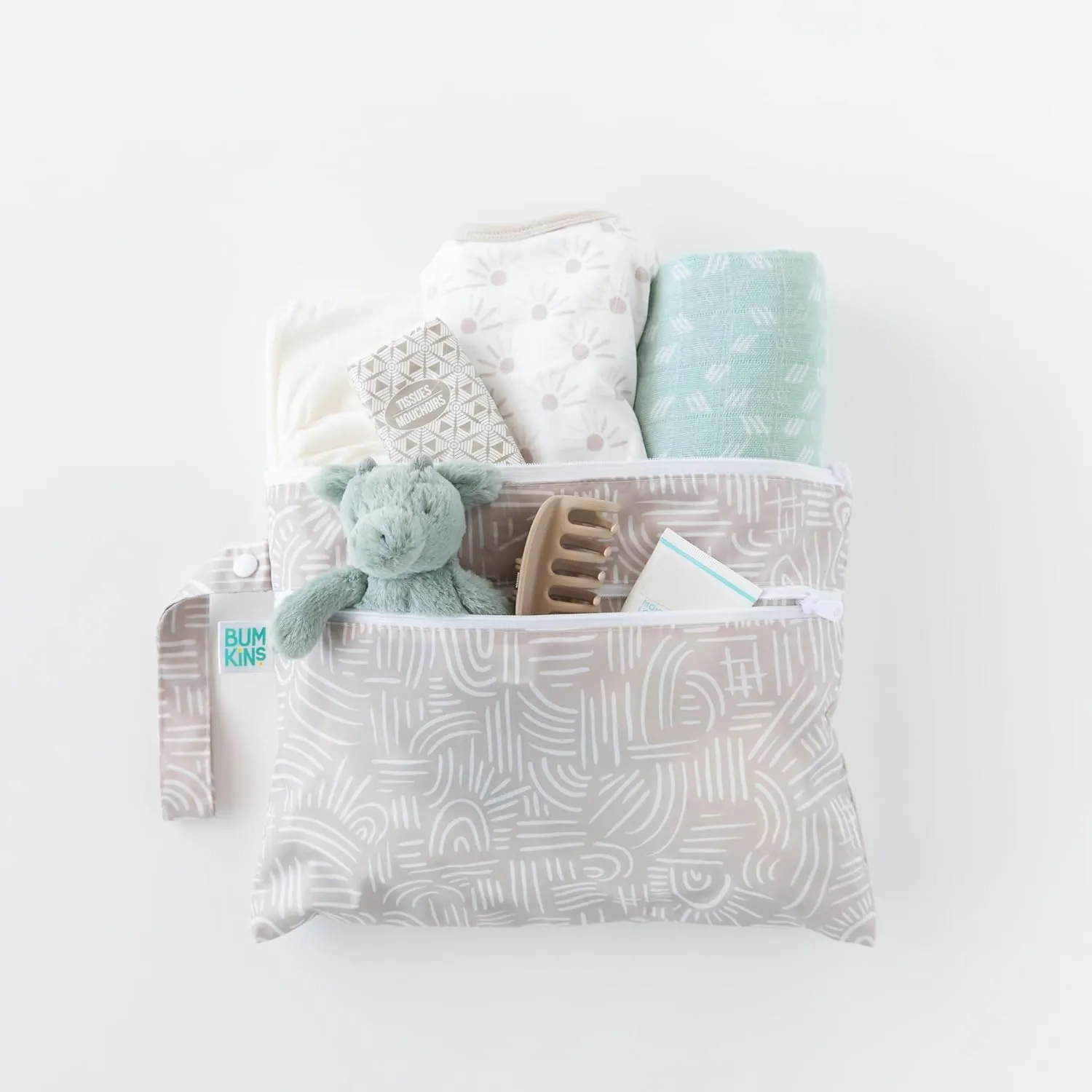 Bumkins Waterproof Wet Bag and Wet Dry Clutch Bags for Baby, Travel, Swim Suit, Cloth Diapers, Pump Parts, Pool, Gym Clothes, Toiletry, Hook to Stroller, Daycare, Zip Packing Pouch, 2-pk Boho Beige