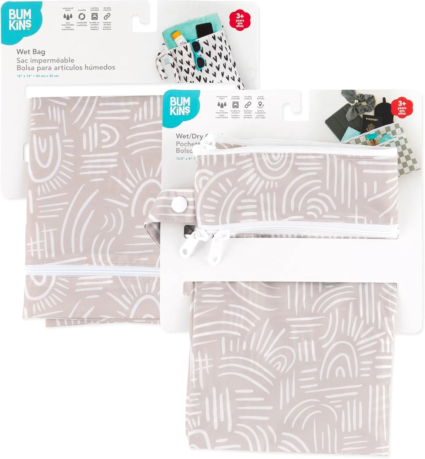 Bumkins Waterproof Wet Bag and Wet Dry Clutch Bags for Baby, Travel, Swim Suit, Cloth Diapers, Pump Parts, Pool, Gym Clothes, Toiletry, Hook to Stroller, Daycare, Zip Packing Pouch, 2-pk Boho Beige