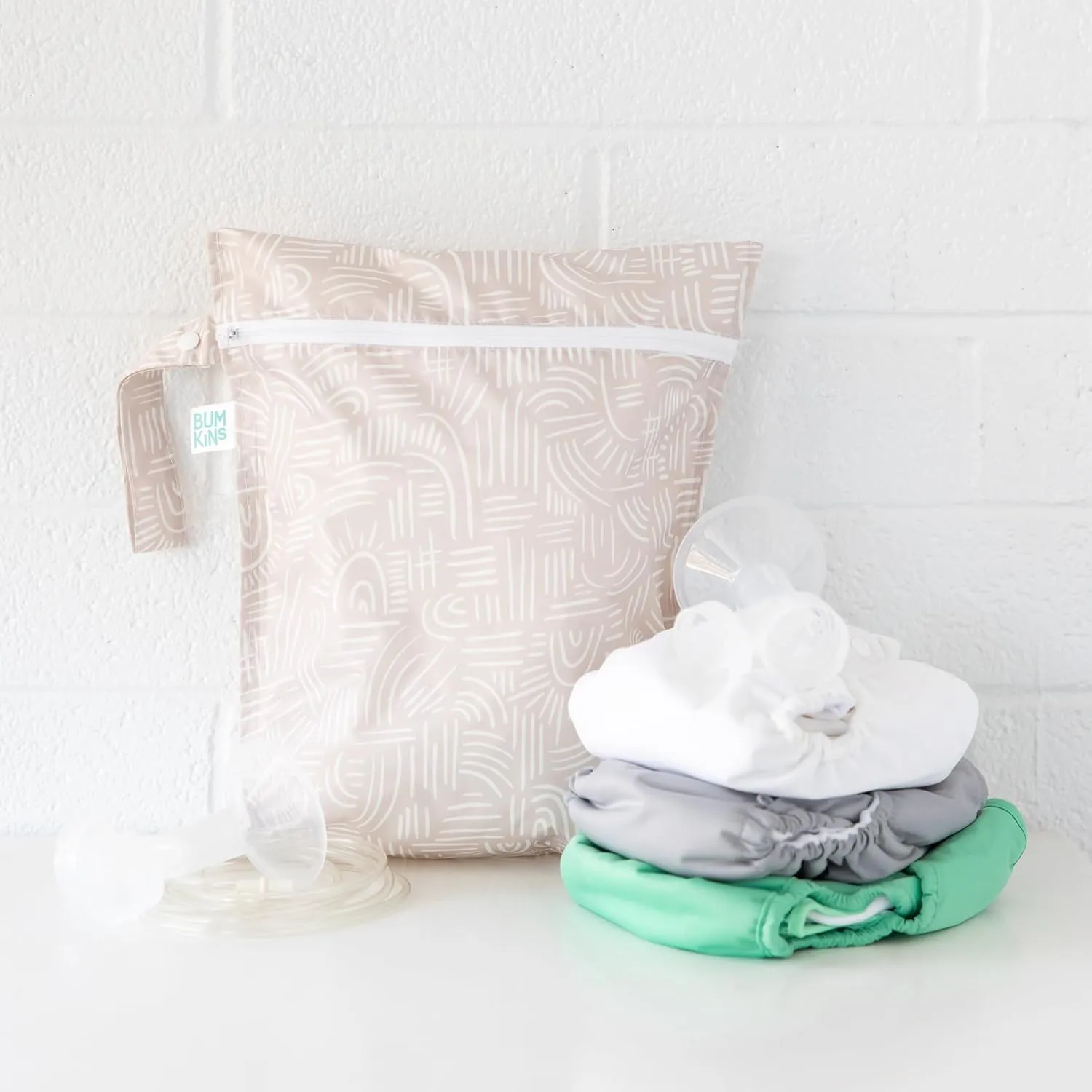 Bumkins Waterproof Wet Bag and Wet Dry Clutch Bags for Baby, Travel, Swim Suit, Cloth Diapers, Pump Parts, Pool, Gym Clothes, Toiletry, Hook to Stroller, Daycare, Zip Packing Pouch, 2-pk Boho Beige