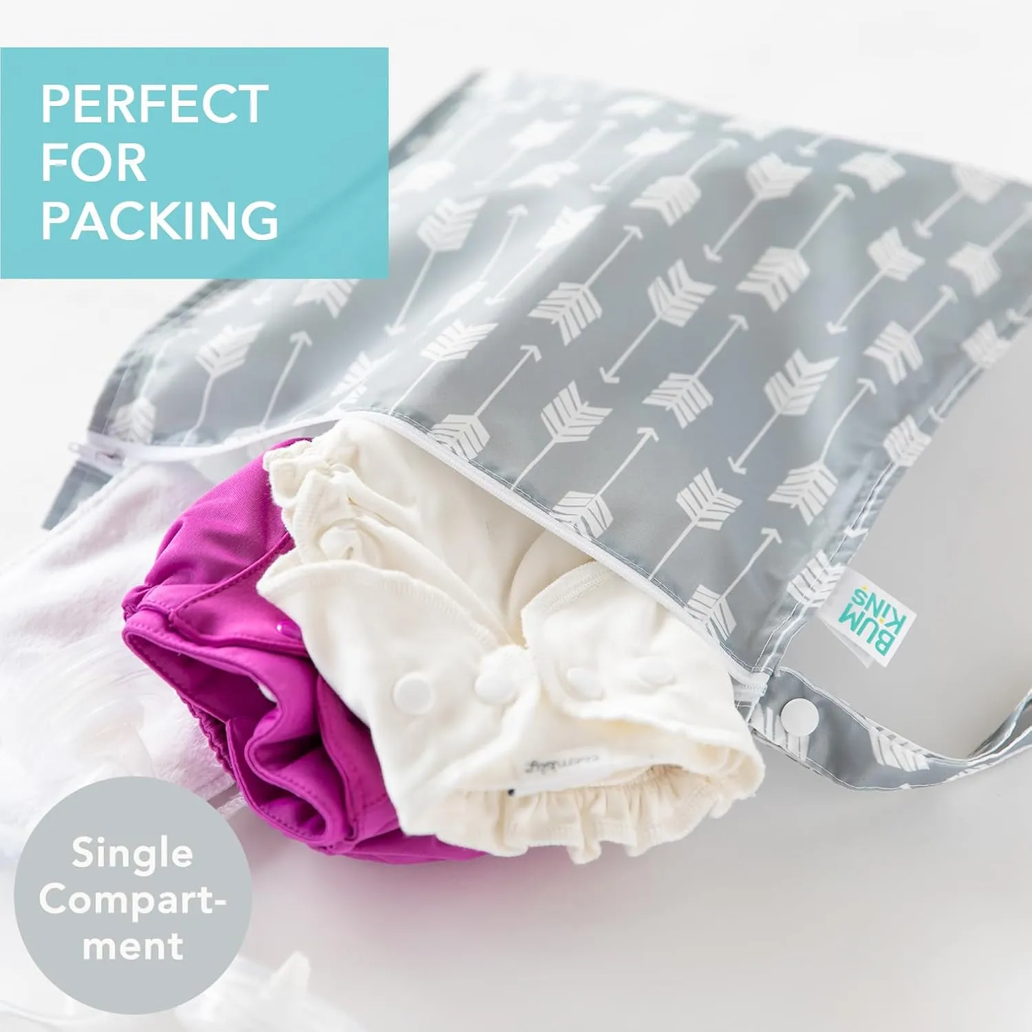Bumkins Waterproof Wet Bag for Baby, Travel, Swim Suit, Cloth Diapers, Pump Parts, Pool, Beach, Gym Clothes, Toiletry, Hook to Stroller, Daycare, Zipper Reusable Wetdry Packing, 2-pk Cactus and Arrows