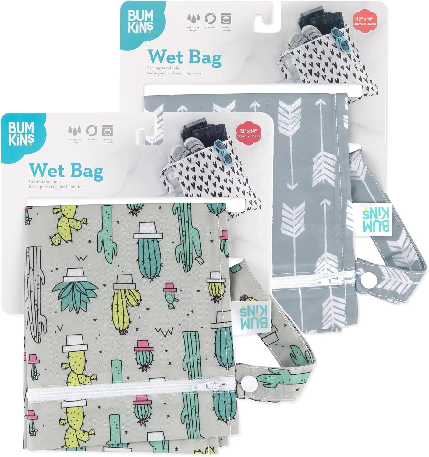 Bumkins Waterproof Wet Bag for Baby, Travel, Swim Suit, Cloth Diapers, Pump Parts, Pool, Beach, Gym Clothes, Toiletry, Hook to Stroller, Daycare, Zipper Reusable Wetdry Packing, 2-pk Cactus and Arrows