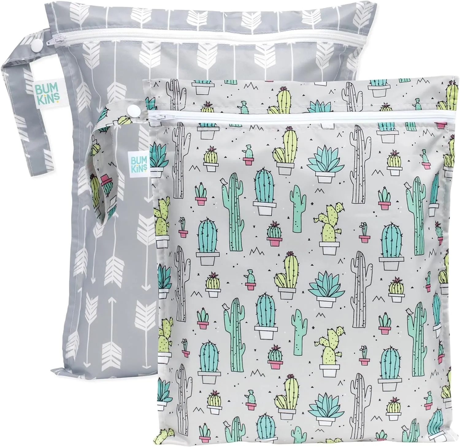 Bumkins Waterproof Wet Bag for Baby, Travel, Swim Suit, Cloth Diapers, Pump Parts, Pool, Beach, Gym Clothes, Toiletry, Hook to Stroller, Daycare, Zipper Reusable Wetdry Packing, 2-pk Cactus and Arrows
