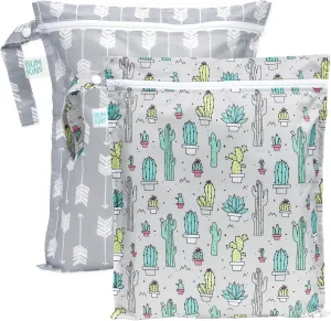 Bumkins Waterproof Wet Bag for Baby, Travel, Swim Suit, Cloth Diapers, Pump Parts, Pool, Beach, Gym Clothes, Toiletry, Hook to Stroller, Daycare, Zipper Reusable Wetdry Packing, 2-pk Cactus and Arrows