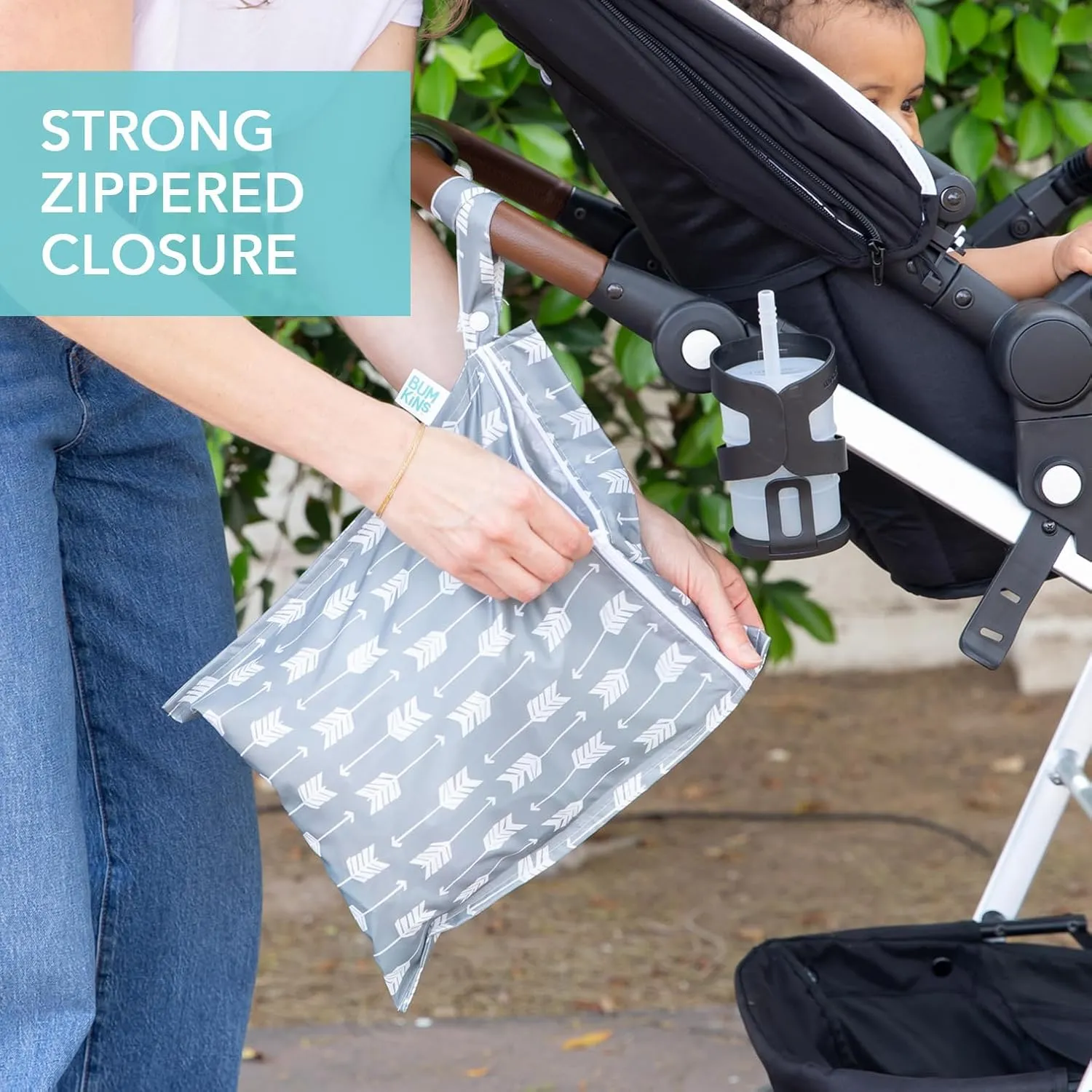 Bumkins Waterproof Wet Bag for Baby, Travel, Swim Suit, Cloth Diapers, Pump Parts, Pool, Beach, Gym Clothes, Toiletry, Hook to Stroller, Daycare, Zipper Reusable Wetdry Packing, 2-pk Cactus and Arrows