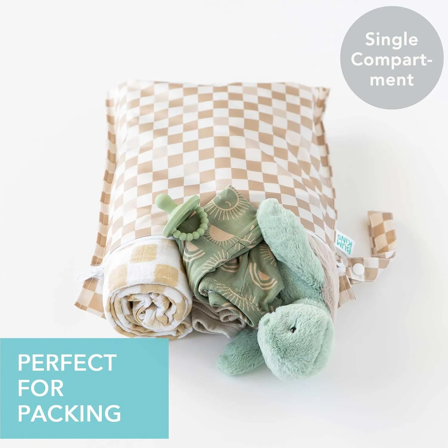 Bumkins Waterproof Wet Bag for Baby, Travel, Swim Suit, Cloth Diapers, Pump Parts, Pool, Beach, Gym Clothes, Toiletry, Hook to Stroller, Daycare, Zipper Reusable Wetdry Packing Pouch, Beige Check