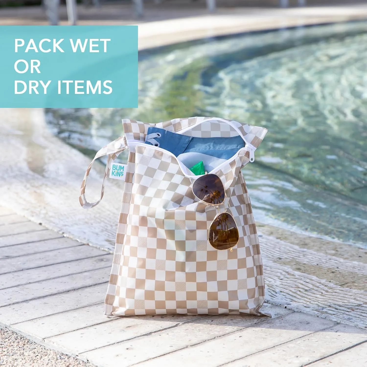 Bumkins Waterproof Wet Bag for Baby, Travel, Swim Suit, Cloth Diapers, Pump Parts, Pool, Beach, Gym Clothes, Toiletry, Hook to Stroller, Daycare, Zipper Reusable Wetdry Packing Pouch, Beige Check