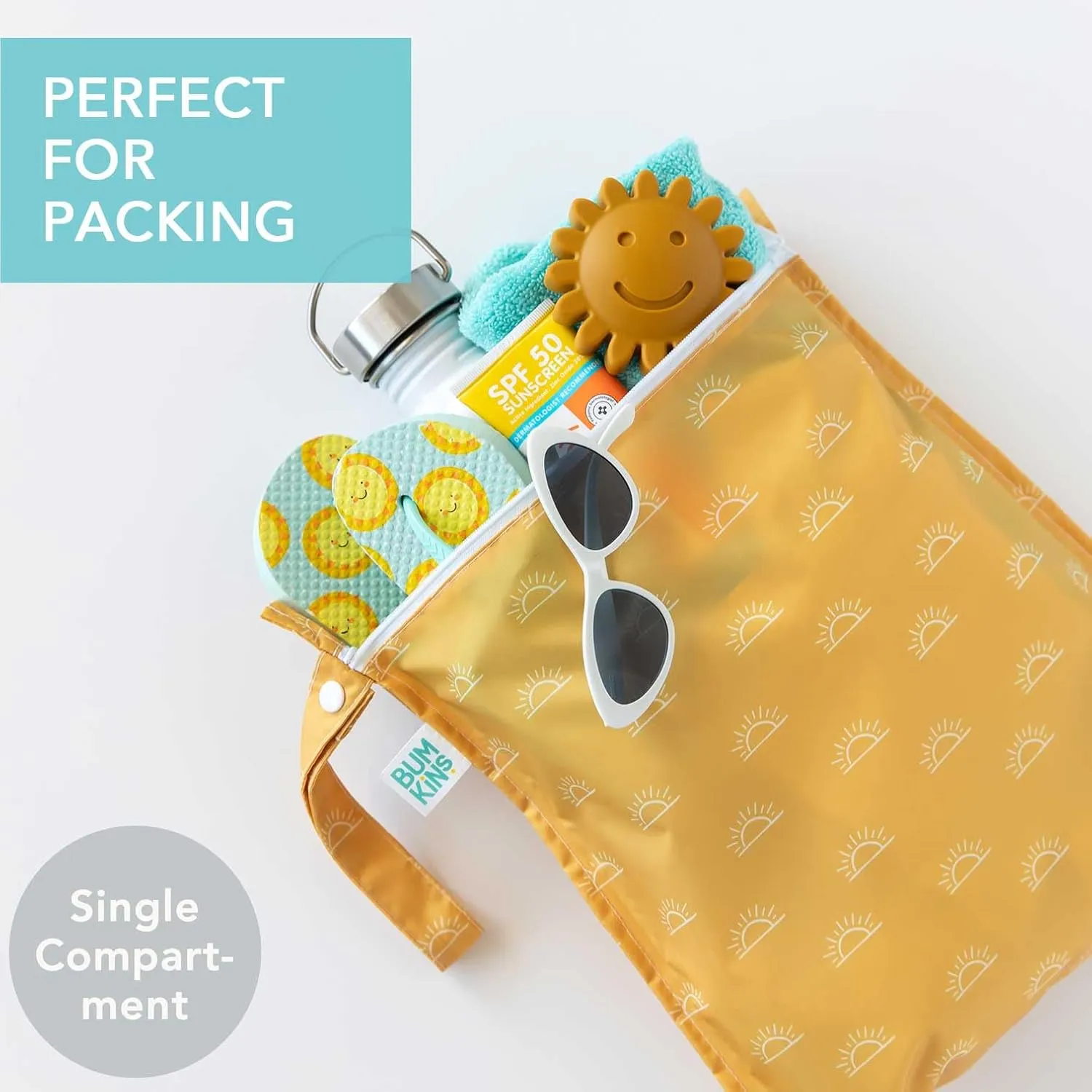 Bumkins Waterproof Wet Bag for Baby, Travel, Swim Suit, Cloth Diapers, Pump Parts, Pool, Beach, Gym Clothes, Toiletry, Hook to Stroller, Daycare, Zipper Reusable Wetdry Packing Pouch, Yellow