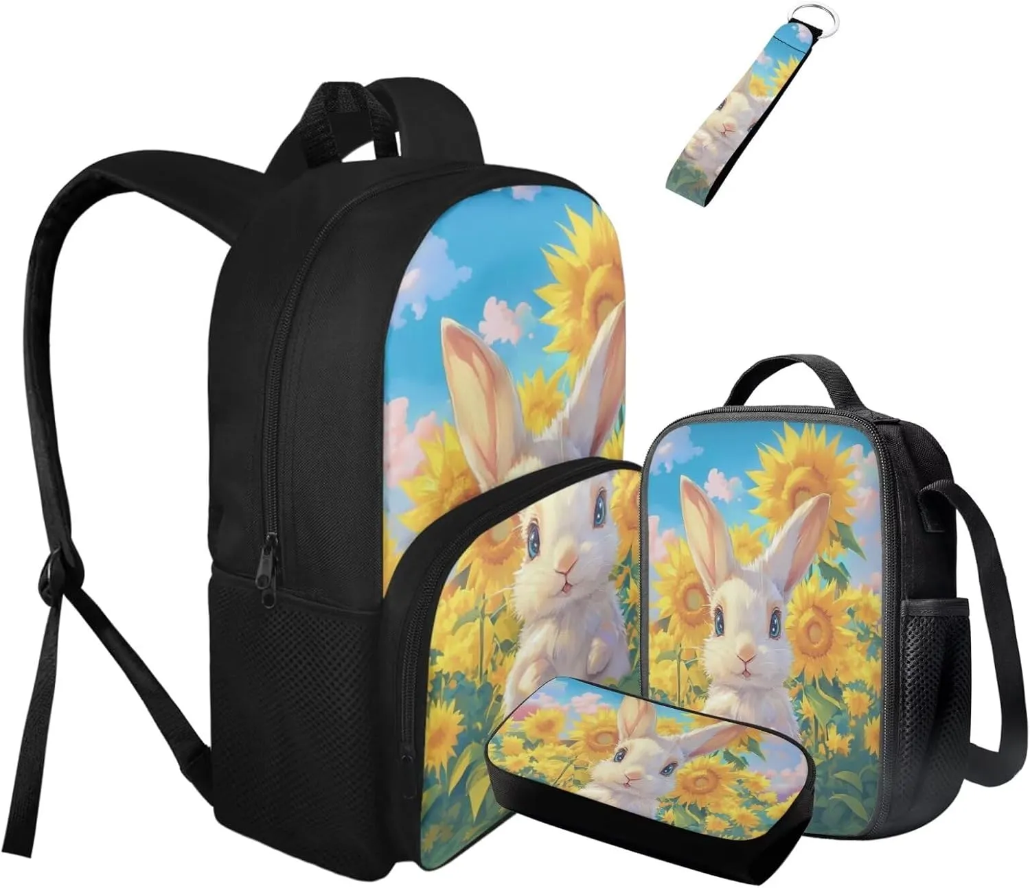 Bunny Girls Backpack Purses for Kids 9-10 Sunflower Girls Bookbag Ages 6-8 with Lunchbox Cute Large Capacity School Bag for Primary Elementary 4 in 1