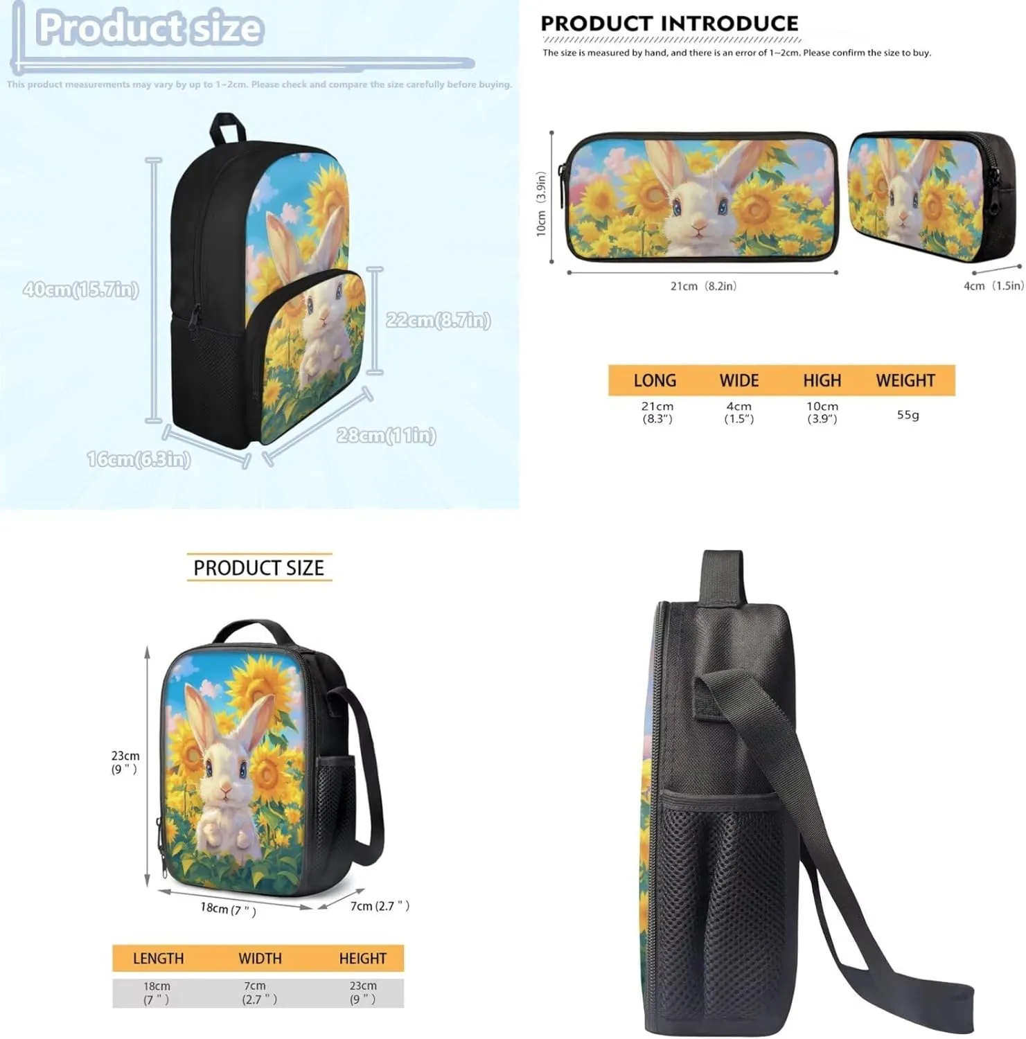 Bunny Girls Backpack Purses for Kids 9-10 Sunflower Girls Bookbag Ages 6-8 with Lunchbox Cute Large Capacity School Bag for Primary Elementary 4 in 1